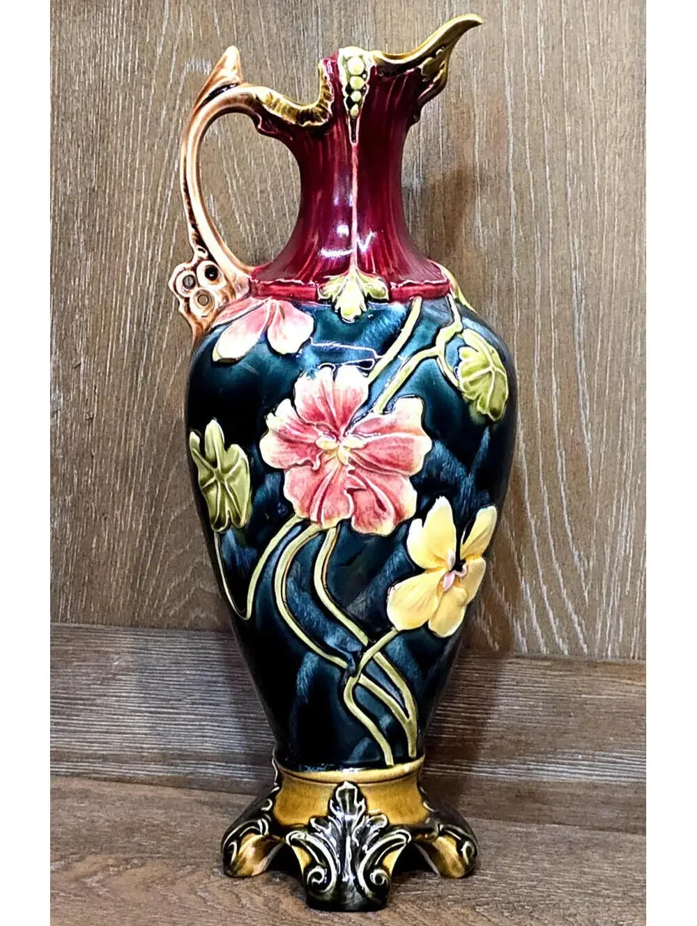 Antique Art Nouveau Majolica Floral Footed Ewer Pitcher Vase 12 inch Signed